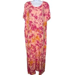 LOGO Lori Goldstein Womens Pink Tie Dye Maxi Dress 1X Excellent Beach To Street
